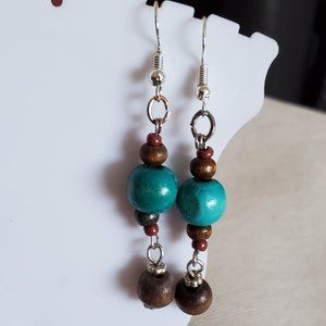 2" Wood Bead Dangle Silver Tone Hook Earrings NWT